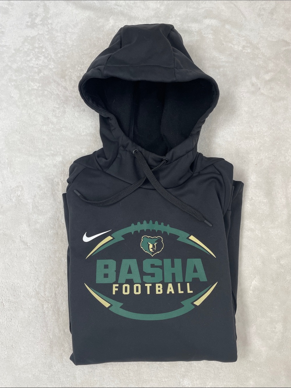 Nike Black Basha Football Hoodie with Green and Gold Logo